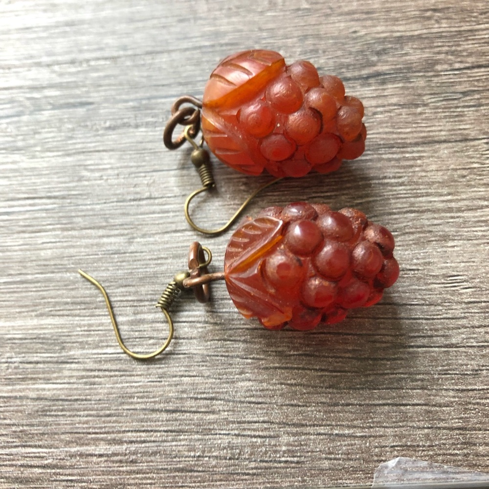 Carved vintage Bakelite berry fruit dangling drop pierced earrings